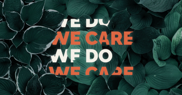 Logo We Care We Do avec un fond de plantes