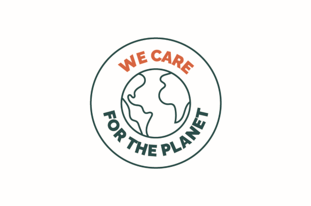 We Care for the Planet logo featuring an illustration of a planet 