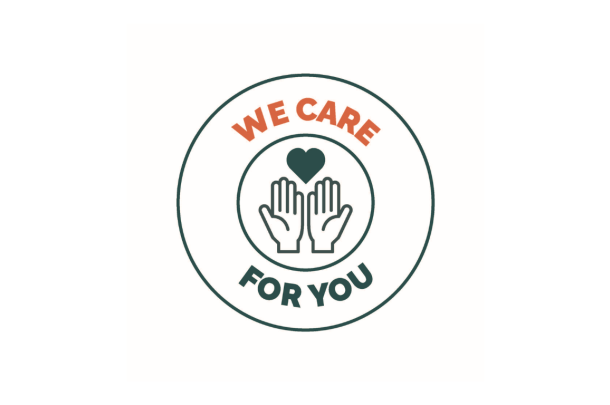 We care for you icon featuring two hands and a heart, to celebrate people 