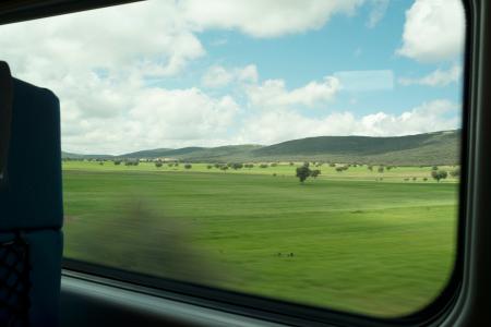 Picture of a green field taken by a train window to represent target carbon emissions